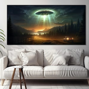 Flying Saucer over Forest Lake Canvas Print, UFO Canvas Print, Alien Invasion Canvas, UFO Wall Art, Alien Painting, Flying Saucer Poster