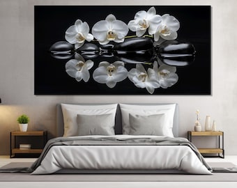 Vit orkidé på spa-stenar canvastavla, spa-väggkonst, blommig väggdekoration, spa-canvaskonst, spa-väggdekoration, meditationstryck, orkidéfoto