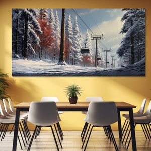 Ski Resort Painting Printed on Canvas, Winter Wall Art, Ski Lift Painting, Ski Cable Car Poster, Ski Lift Canvas Print, Ski Lift Poster