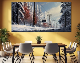 Cuadro de estación de esquí impreso en lienzo, arte mural invernal, cuadro de telesilla, póster de teleférico, impresión en lienzo de telesilla, póster de telesilla