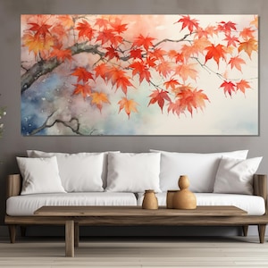 Dipinto minimalista di un acero autunnale stampato su tela, alberi autunnali in stile giapponese, arte murale giapponese, poster di un acero