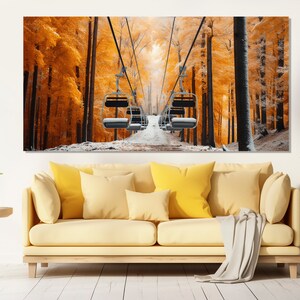 Pintura de teleférico panorâmico na floresta de outono impressa em tela, teleférico na floresta dourada, pôster de teleférico, teleférico na paisagem de outono