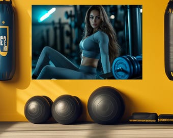May include: A woman in a grey tank top and leggings poses in a gym with a barbell in the background. The gym has blue lighting and a yellow wall.