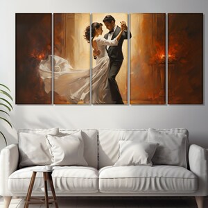 May include: A painting of a couple dancing in a dimly lit room. The woman is wearing a white dress and the man is wearing a black suit. The painting is divided into five panels.