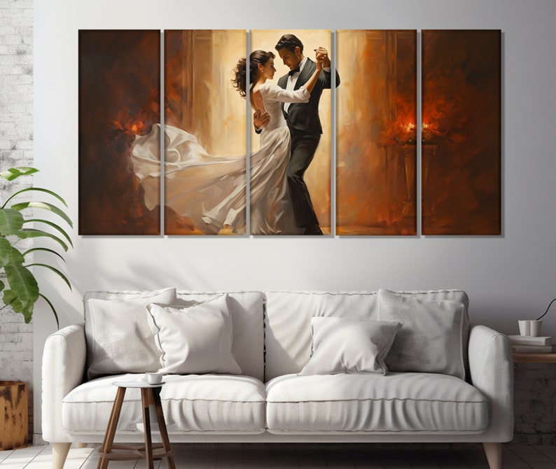 May include: A painting of a couple dancing in a dimly lit room. The woman is wearing a white dress and the man is wearing a black suit. The painting is divided into five panels.