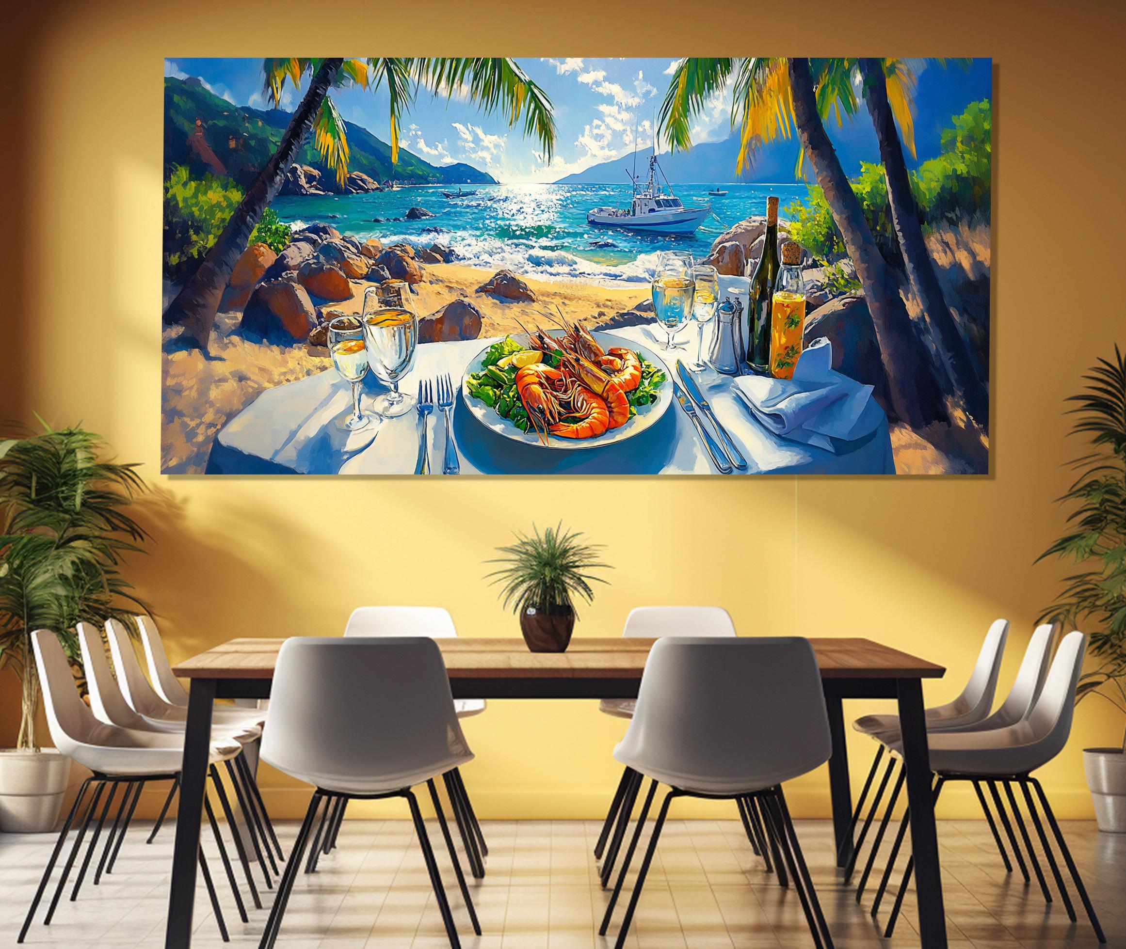 トロピカルビーチのエキゾチックなシーフードの絵画、キャンバスに