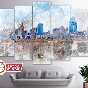 May include: A watercolor painting of a cityscape with a river in the foreground. The city skyline is made up of tall buildings, including a few skyscrapers. The river is reflecting the buildings and the sky. The painting is done in a soft, muted color palette.