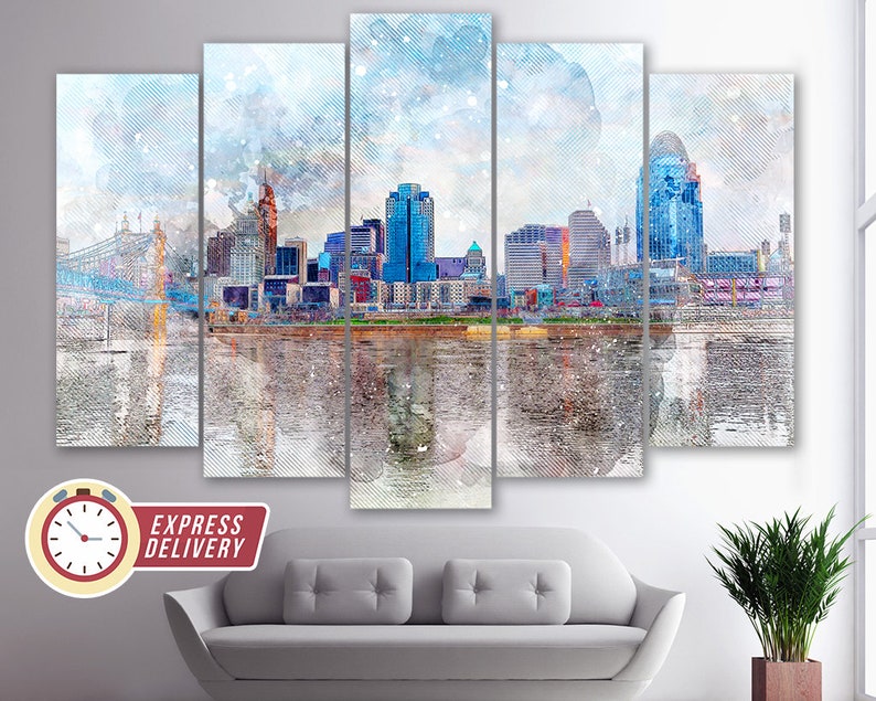 May include: A watercolor painting of a cityscape with a river in the foreground. The city skyline is made up of tall buildings, including a few skyscrapers. The river is reflecting the buildings and the sky. The painting is done in a soft, muted color palette.