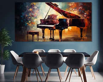 Può includere: Un dipinto di un pianoforte a coda in un ambiente astratto e colorato. Il pianoforte è marrone e nero con tasti bianchi. Lo sfondo è un mix di blu, verdi, gialli e arancioni.