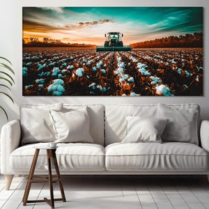 Scenic Cotton Field Canvas Print, Cotton Plantation Painting, Cotton Field Poster, Nature Wall Decor, Harvester on Field Canvas Art