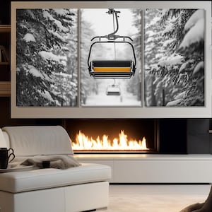 Impressão em tela de teleférico, decoração de parede de resort de inverno, pintura de floresta de inverno com neve, impressão em tela de teleférico, arte de parede de esqui