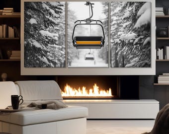Ski Chair Lift Canvas Print, Winter Resort Wall Decor, Snowy Winter Forest Painting, Cable Car Canvas Print, Skiing Wall Art