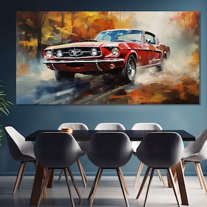 Roter Ford mustang Gemälde, Ford mustang Leinwanddruck, Retro Muskelautos Leinwandkunst, Vintage Ford mustang Plakat