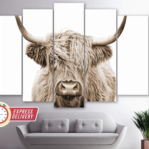 Sepia Highland Cow Canvas Print, Abstract Wall Art, Modern Minimalism, Fashion Gift, Cow Poster, Animals Wall Art, Scotland Cow Canvas Art image 2