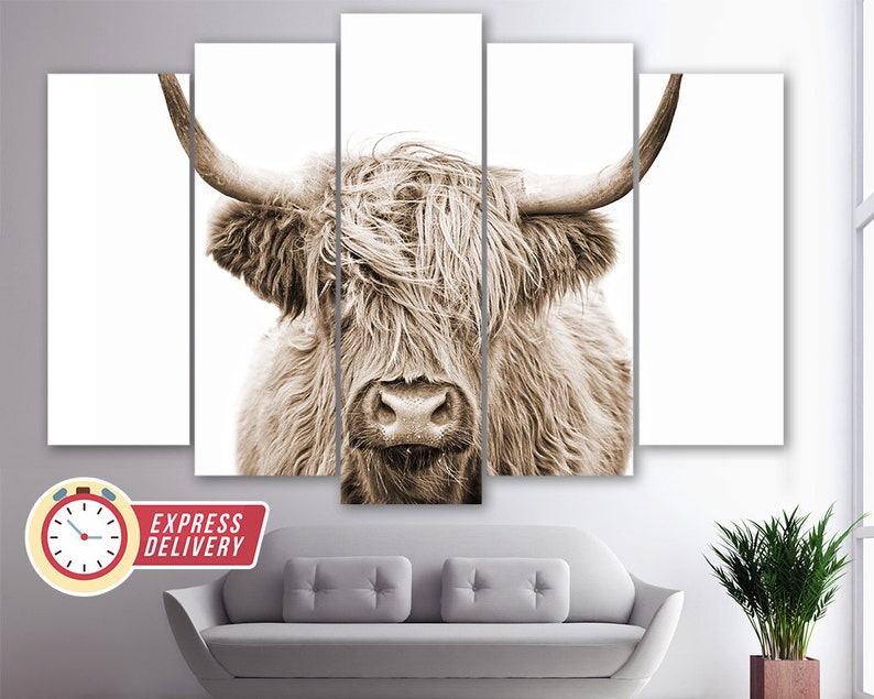 Sepia Highland Cow Canvas Print, Abstract Wall Art, Modern Minimalism, Fashion Gift, Cow Poster, Animals Wall Art, Scotland Cow Canvas Art image 2