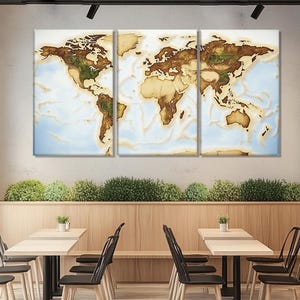 Abstracte wereldkaart schilderij gedrukt op canvas, modern kantoor muur decor, reizen kunst aan de muur, wereldkaart poster, reiziger cadeau