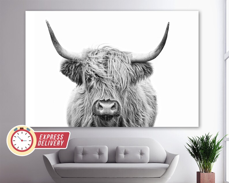 Black and White Highland Cow Canvas Print Abstract Wall Art Etsy