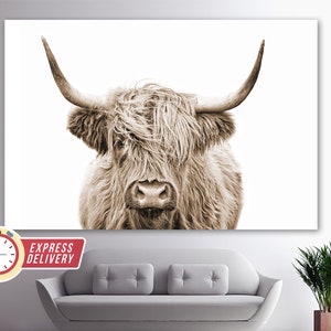 Sepia Highland Cow Canvas Print, Abstract Wall Art, Modern Minimalism, Fashion Gift, Cow Poster, Animals Wall Art, Scotland Cow Canvas Art image 3