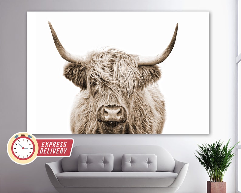 Sepia Highland Cow Canvas Print, Abstract Wall Art, Modern Minimalism, Fashion Gift, Cow Poster, Animals Wall Art, Scotland Cow Canvas Art image 3