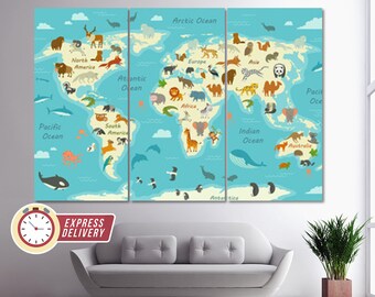 Cartoon Kids World Map with Animals Canvas Print, World Map Wall Art, Kids Room Decor, Children Room Decor, Nursery Wall Art, Kids Map