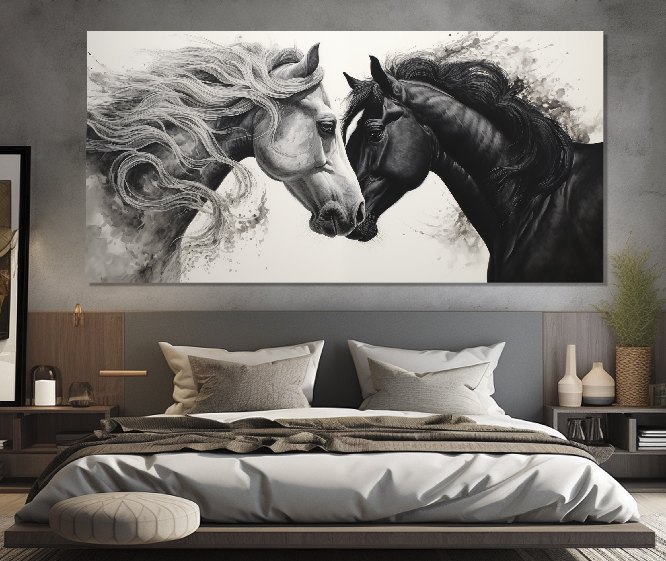 Romantic White and Black Horses Painting Printed on Canvas, Horses in Love Canvas Print, Horses Wall Art, Luxury Bedroom Wall Decor