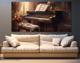 May include: A vintage grand piano with a black finish and gold accents sits in a room with a floral arrangement and a book open on the music stand. The piano has a white ivory keyboard and a wooden bench with a white cloth draped over it.