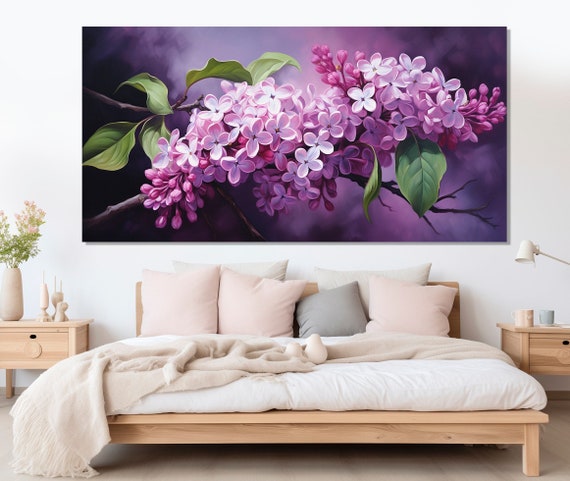 Tableau Toile Imprimé Bouquet Fleurs Violet, Blanc, Foncé - Reproduction Sur Châssis Bois - Prêt à Accrocher
