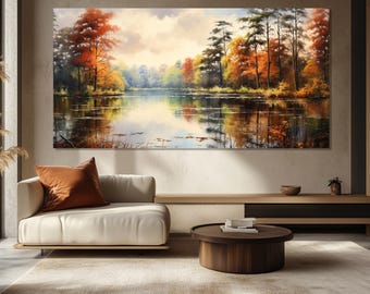 Könnte beinhalten: Ein Gemälde, das eine Seenszene mit Herbstlaub zeigt. Die Bäume spiegeln sich im stillen Wasser. Die Farben sind warm und einladend.