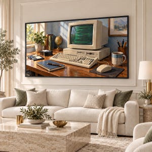 May include: A framed wall art print depicting a vintage beige desktop computer with a green screen displaying code, a mechanical keyboard, a mouse on a pad, a notebook, a globe, a potted plant, and a mug on a wooden desk in a home office.