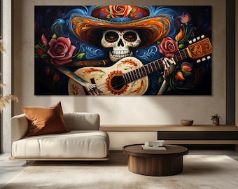 Pintura de esqueleto mexicano con guitarra impresa en lienzo, pintura del Día de Muertos, regalo del Día de Muertos, póster del Día de Muertos