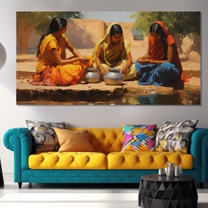 Beautiful Indian Women at the Well Canvas Print, Eastern Wall Art, India Canvas Print, India Wall Art, India Painting, India Wall Decor