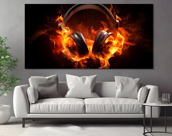 Headphones in Fire Canvas Print, Abstract Headphones Painting, Music Wall Art, Music Lover Gift, Gamer Gift, Headphones Poster