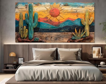 Abstract Arizona Desert Painting Printed on Canvas, Cacti in Arizona Wall Art, Mid Century Boho Sun in Arizona Desert Canvas Art