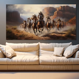 Arte de parede do Velho Oeste, Cowboys cavalgando em cânions, presente de cowboy, impressão em tela do Velho Oeste, pintura do Velho Oeste, decoração de parede do Velho Oeste