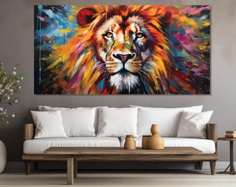 Colorful Lion Portrait Canvas Print, Large Lion Painting, Pop Art Wall Decor, Pop Art Painting, Pop Art Lion Print, Lions Wall Art