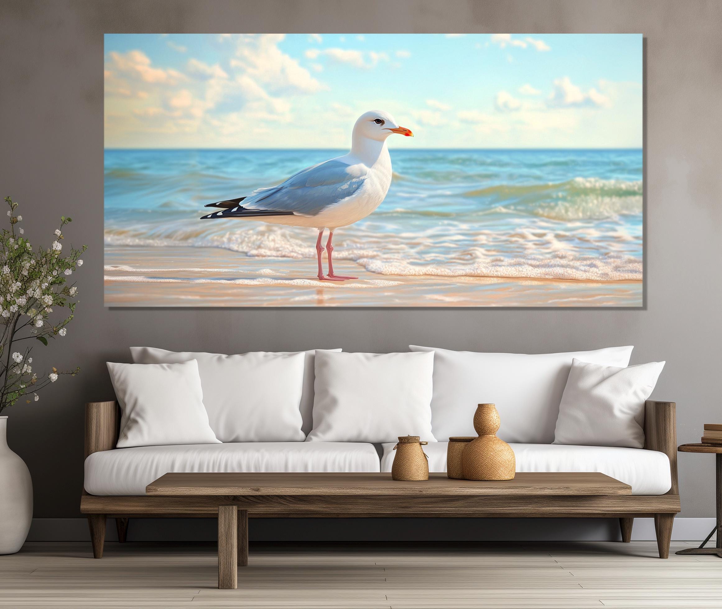 Seagull on the Beach Canvas Print, Seagull Painting, Beach Wall Art ...