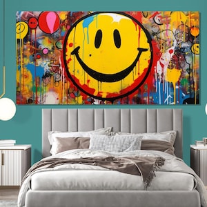 Happy Yellow Smiley Face Canvas Print, Smiley Face Painting, Smile Graffiti Poster, Gamer Gift, Teen Room Decor, Smile Wall Art