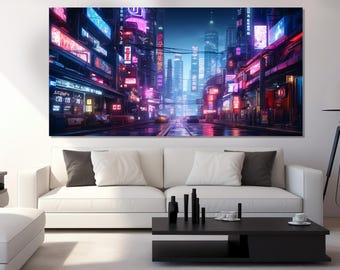 Impresión en lienzo de la ciudad de Tokio ciberpunk, póster abstracto de Tokio, impresión de las calles de Tokio, arte mural de Tokio, pintura japonesa, póster de la ciudad ciberpunk