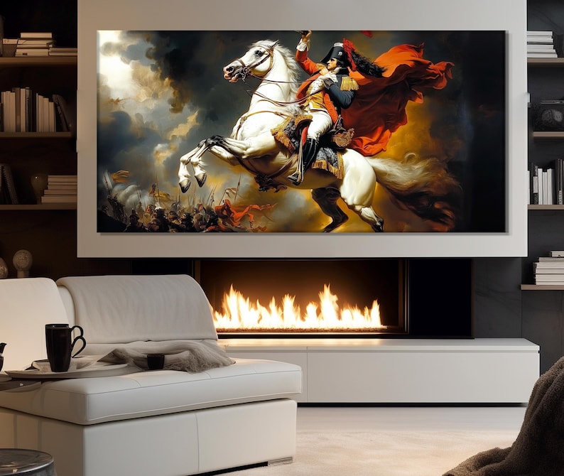 May include: A painting of a man on horseback riding through a battlefield. The man is wearing a red and white uniform and a black hat. The horse is white and has a red and white saddle. The background is a cloudy sky with a battlefield in the distance.