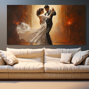 May include: A painting of a couple dancing in a ballroom. The woman is wearing a white dress and the man is wearing a black suit. The background is a warm brown color.