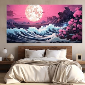 Scenic Japanese Landscape Painting Printed on Canvas, Full Moon over Sea Waves Japanese Style Painting, Japanese Wall Art, Asian Wall Decor