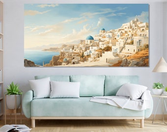 Santorini Canvas Print, Oia Town on Santorini island in Greece Canvas Art, Vintage Santorini Skyline Painting, Santorini Wall Art