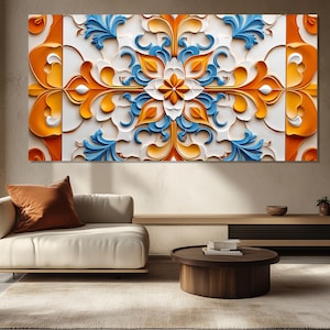 Abstract Oriental Ornament Canvas Print, Ceramic Tiles Print, Eastern Wall Art, Oriental Painting, Oriental Canvas Art, Oriental Wall Decor