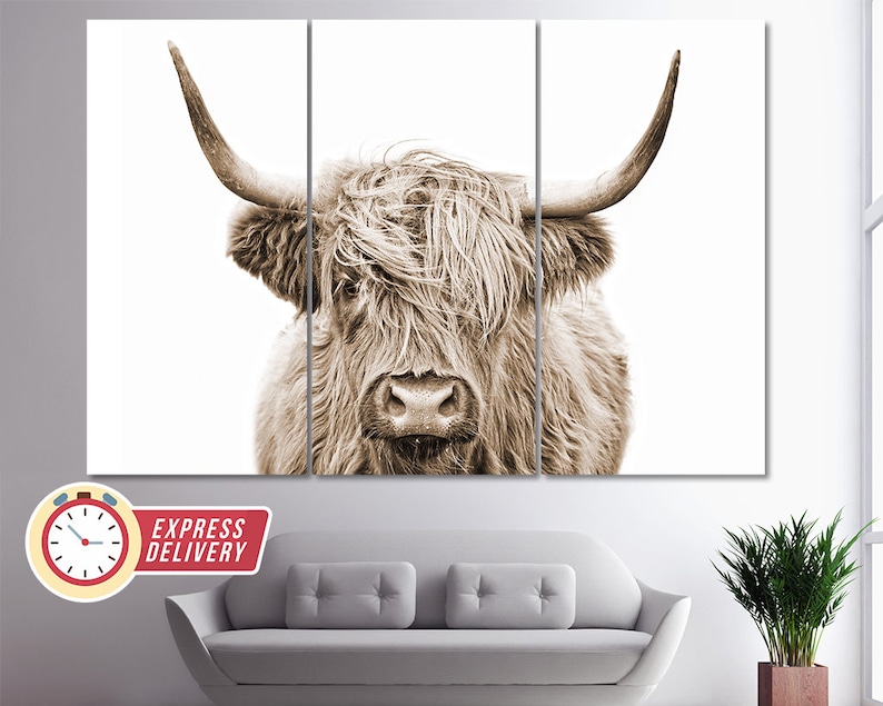 Black and White Highland Cow Canvas Print Abstract Wall Art Etsy