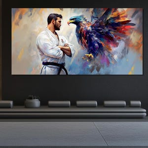 Abstrakcyjna sztuka walki na ścianę, mistrz Jiu-Jitsu z kolorowym orłem abstrakcyjny wydruk na płótnie, prezent dla fana karate, obraz sztuk walki