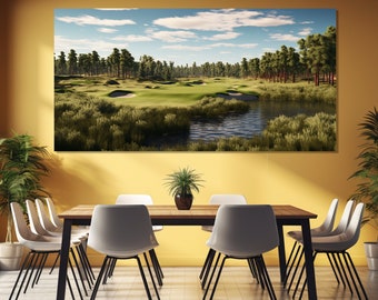 Impressão em tela de campo de golfe cênico, arte de parede de golfe, pintura de golfe impressa em tela, presente para jogador de golfe, decoração de parede de resort de golfe