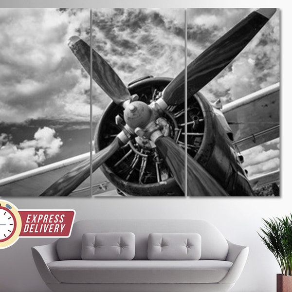 Black and White Plane Canvas Art, Vintage Plane Canvas Print, Plane Photo, Airplanes Wall Art, Plane Poster, Retro Plane Print, Engine Print