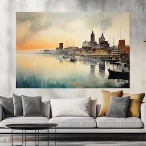 Misty Milwaukee Canvas Print, Abstract Milwaukee Skyline, Milwaukee Painting, Foggy Milwaukee Wall Art, Milwaukee Wall Decor