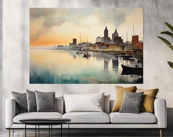 Misty Milwaukee Canvas Print, Abstract Milwaukee Skyline, Milwaukee Painting, Foggy Milwaukee Wall Art, Milwaukee Wall Decor