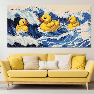 Rubber Ducks Surfing on the Waves Hokusai Style Painting Printed on Canvas, Abstract Japanese Wall Art, Japanese Painting, Bathroom Decor